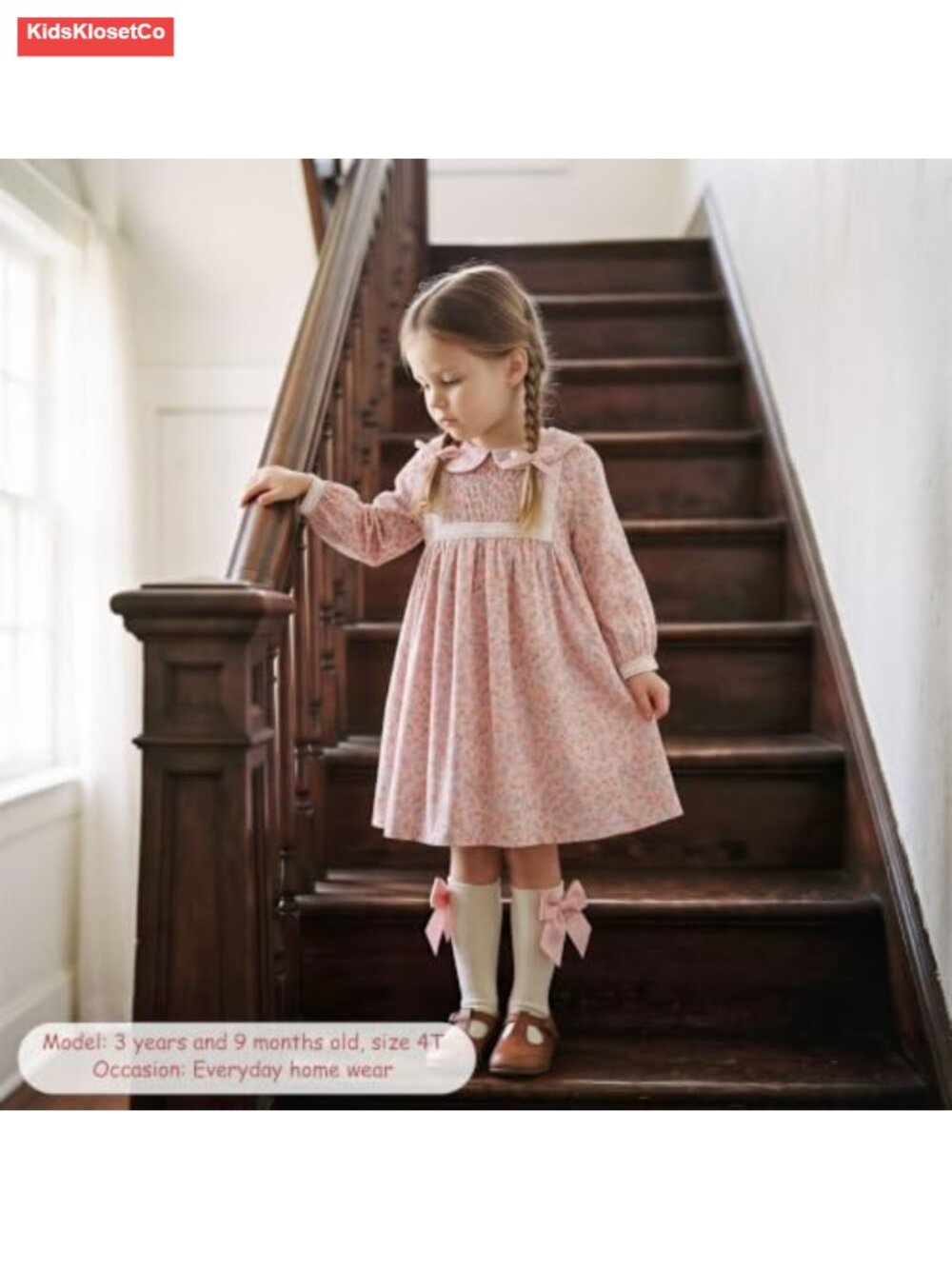 Toddler Girls Floral Ruffle Dress Long Sleeve Smocked Cotton - Picture 4 of 6